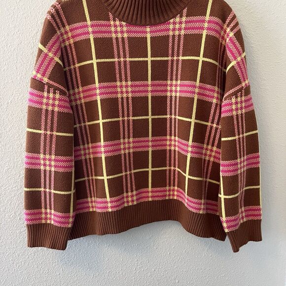 Lisa Says Gah Sweater Size XS/SM Brown Plaid Turtleneck Boxy Retro 70's Twee - Picture 4 of 11
